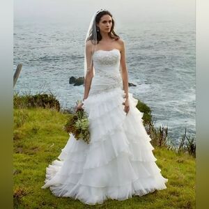 David's Bridal Collection Pleated Wedding Dress with Tiers & Lace-Up Back WG3453